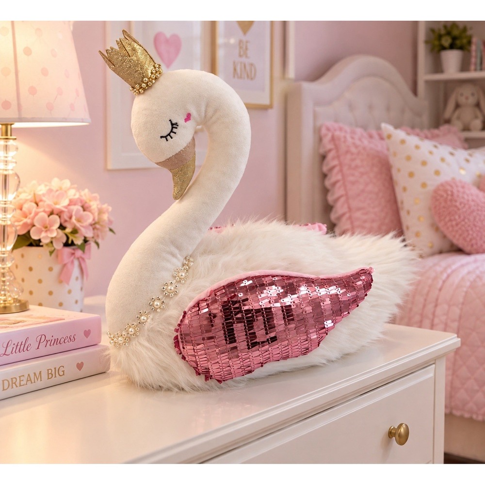 Bella Lux Princess Swan Plush Pink Sequin Wings Pearl Necklace Gold Crown(3-b36)